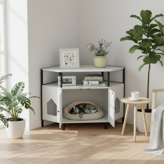 Corner Cat Litter Box Enclosure with Open Shelf 2 Entrances and Metal Legs