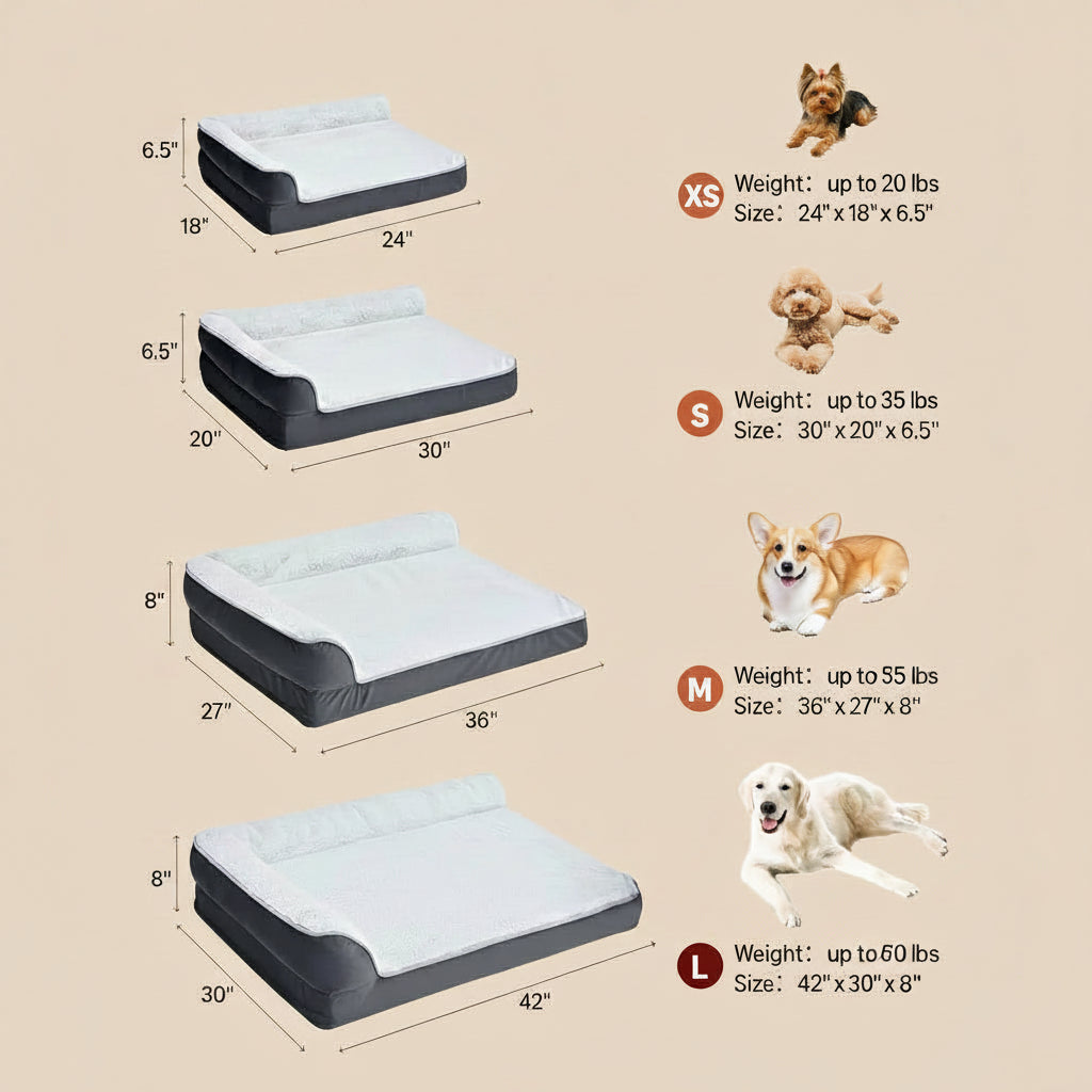 Dog beds of different sizes with dimensions and weight capacity on a white background