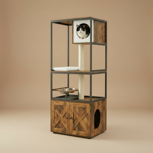 Kimmel 58" Cat Condo with Litter Box Enclosure and Elevated Bowls
