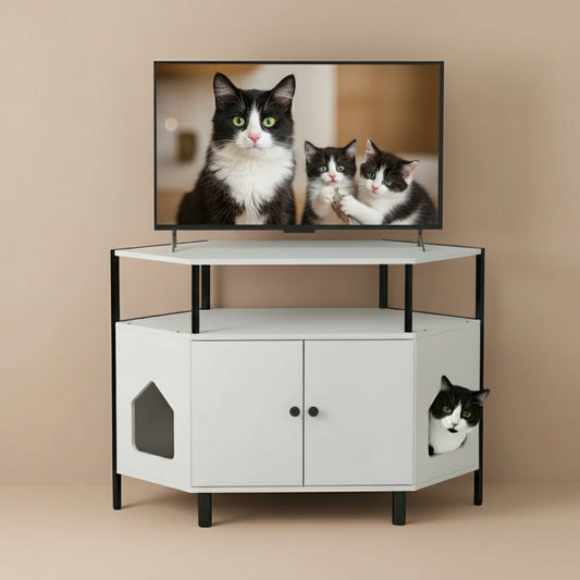 Corner Cat Litter Box Enclosure with Open Shelf 2 Entrances and Metal Legs