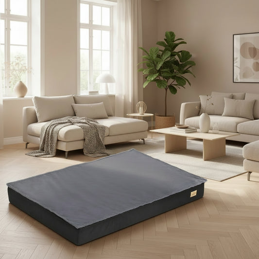 A large pet bed in a living room.