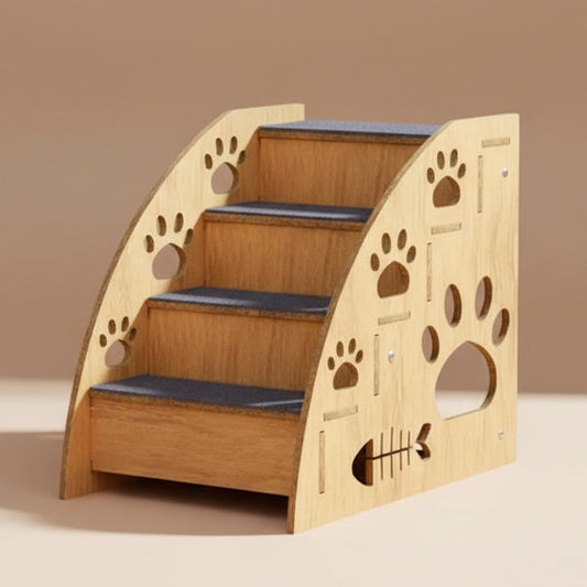 Wooden pet stairs with paw prints on a white background
