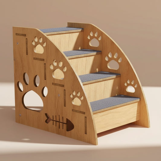 Wooden pet stairs with paw prints on a white background