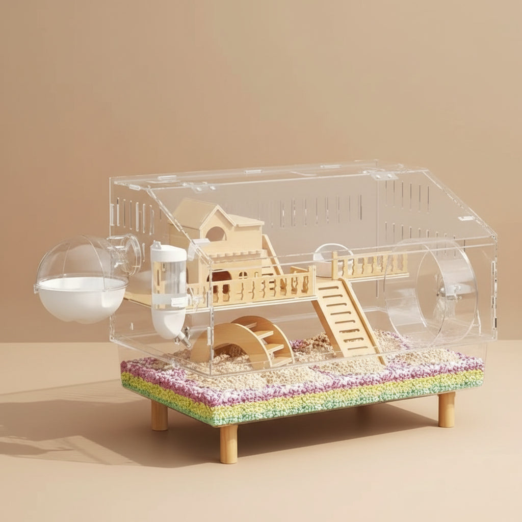 Hamster cage with clear top and wooden interior on a beige background