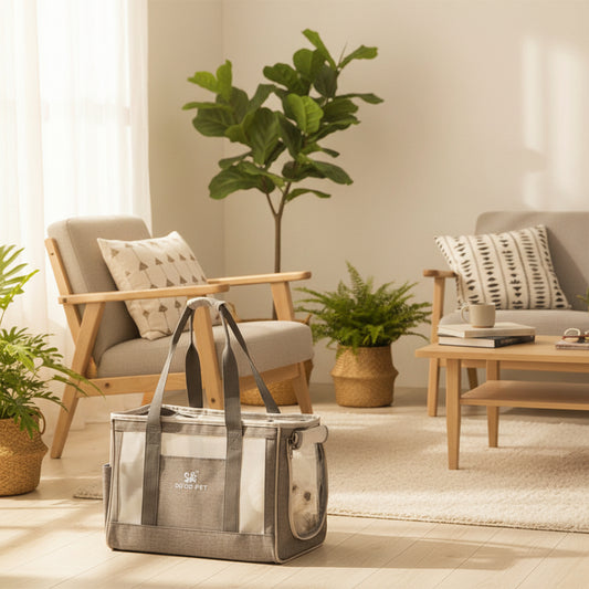 Gray pet carrier with a small white dog inside, in a living room setting.