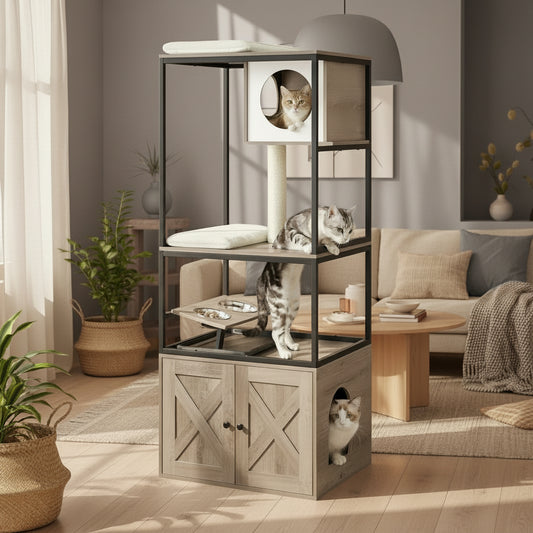 Kimmel 58" Cat Condo with Litter Box Enclosure and Elevated Bowls