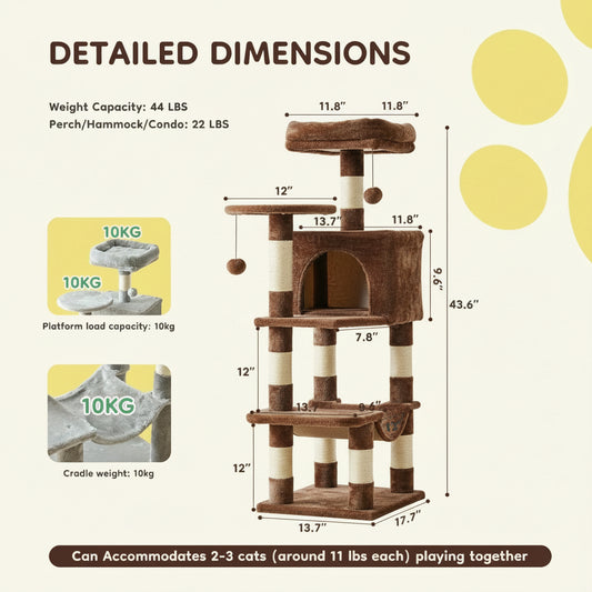 Detailed dimensions of a gray cat tree with weight capacity and dimensions displayed.