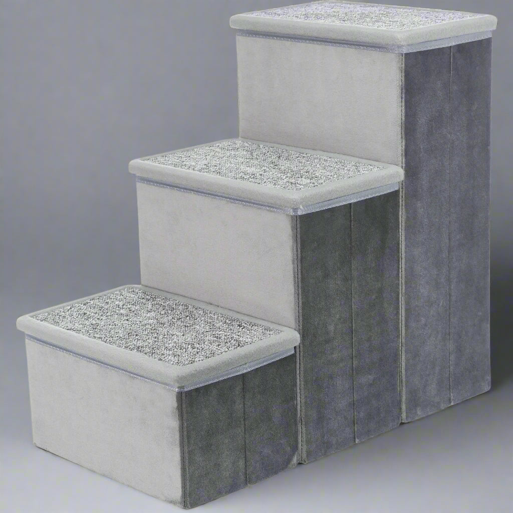 3-Step Foldable Velour Pet Stairs with Storage, Gray