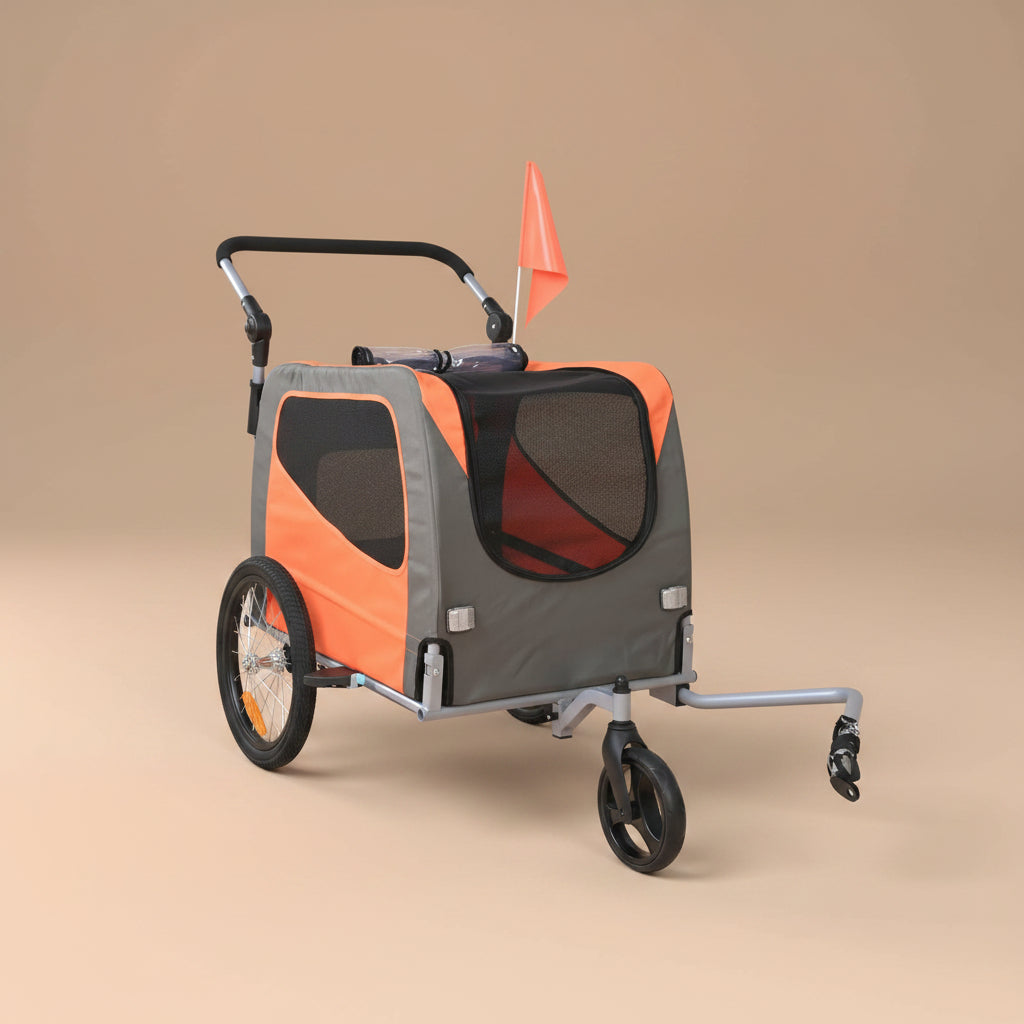 Orange and gray pet stroller with a flag on a beige background