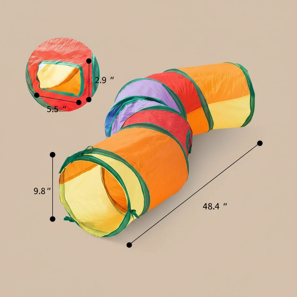 Colorful pet play tunnel with measurements on a beige background