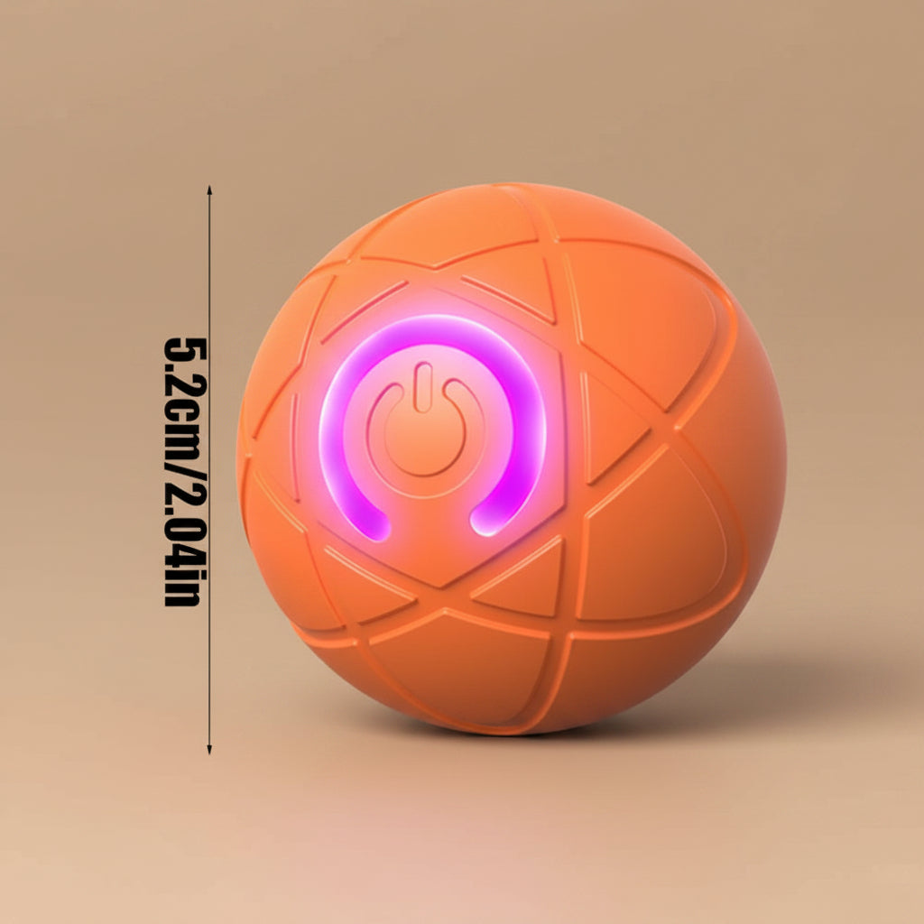 Orange ball with a glowing purple center and measurement details on a beige background