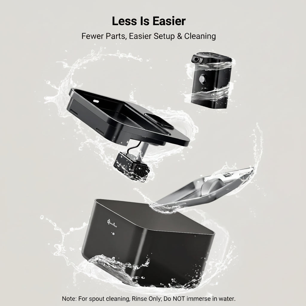 Product components with text 'Less Is Easier' and 'Fewer Parts, Easier Setup & Cleaning' on a light gray background.