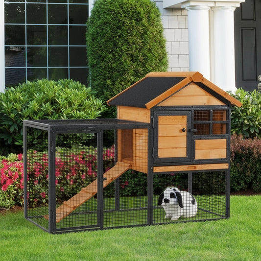 Wood-Metal Pet House Elevated Rabbit Hutch Bunny Cage Small Animal Habitat with Slide-Out Tray Lockable Door Water-Resistant Asphalt Roof for Outdoor 48" X 24.75" X 36.25" Light Yellow