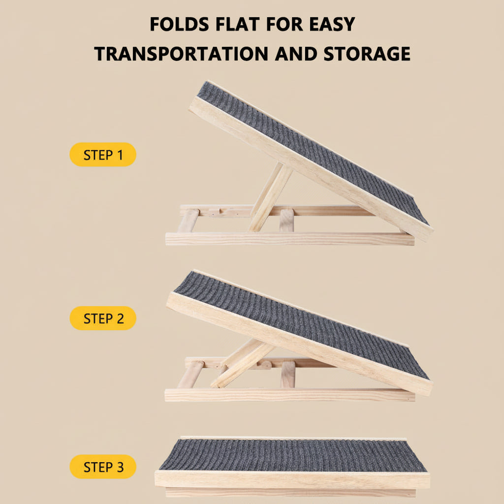 Wooden pet ramp with steps, showing how it folds flat for easy transportation and storage.