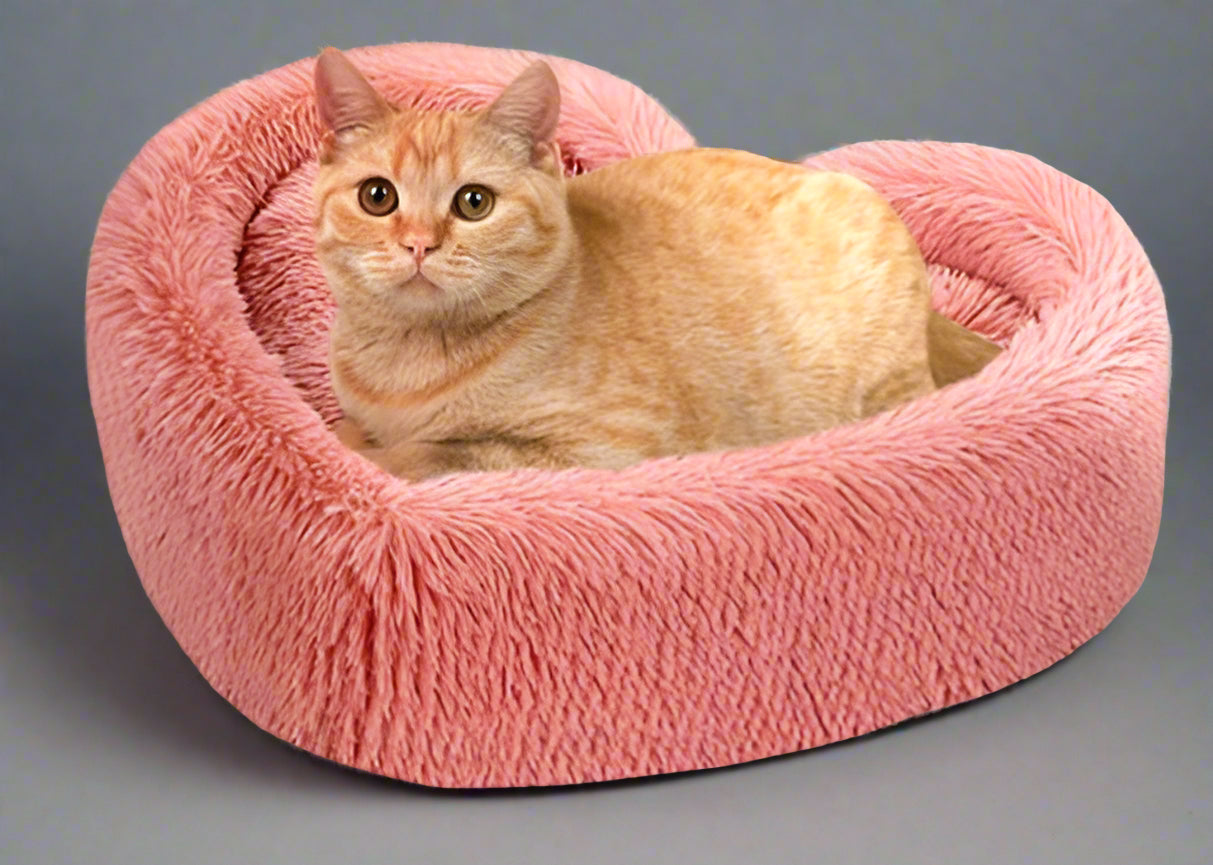 Cat Beds for Indoor Cats - Heart Cat Bed with Removable Washable Cushioned Pillow, Fits Cats up to 30 Lbs or Puppy Bed for Small Dogs, Faux Fur Self Warming Pet Bed Non-Slip Cat House, Pink