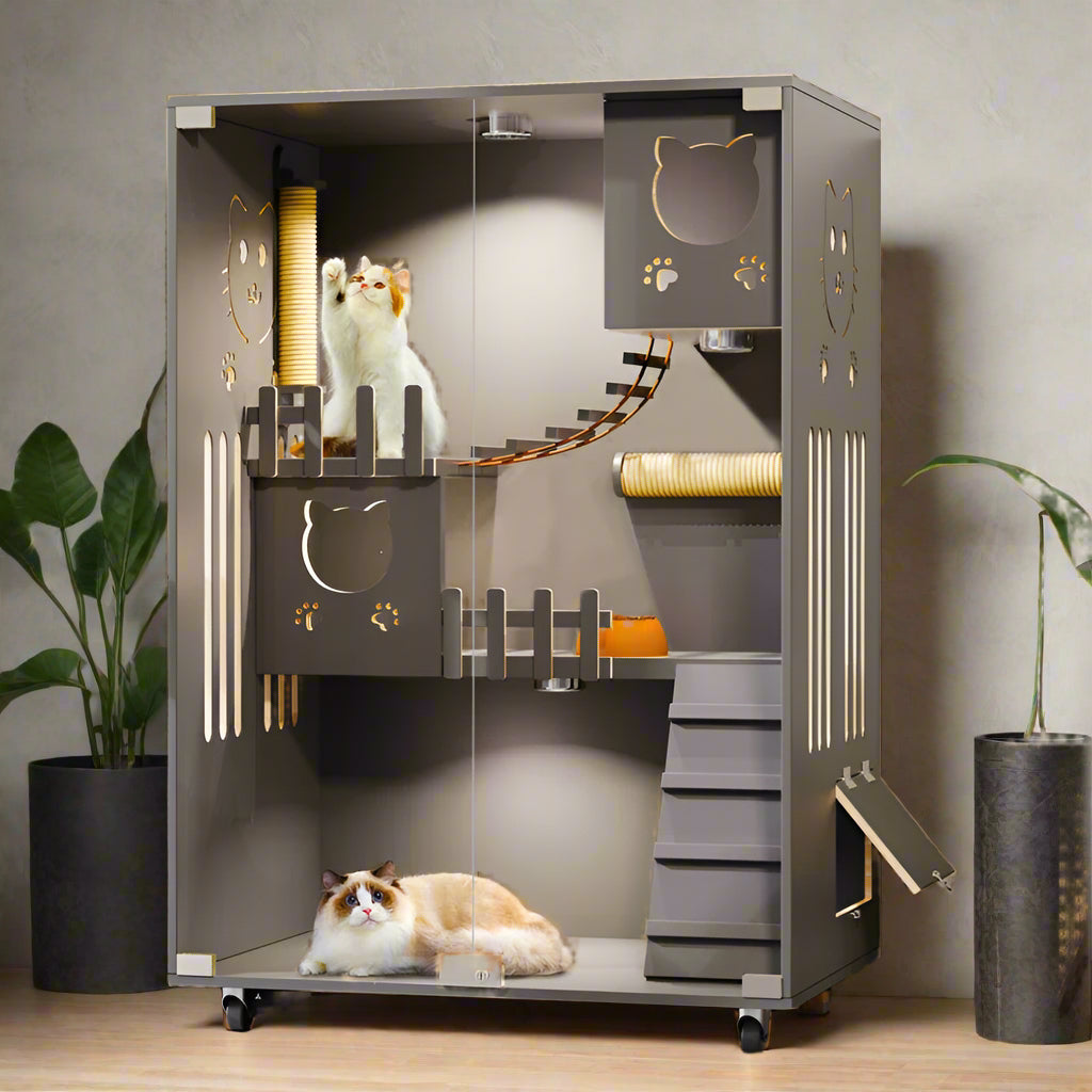 Desara Wooden Cat Villa, Large Cat Enclosure, Indoor Enclosed Cat House