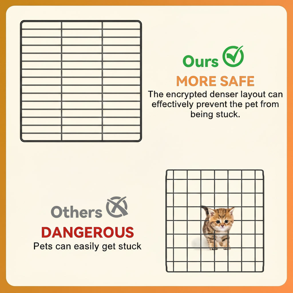 Comparison of pet cage designs with text highlighting safety features.