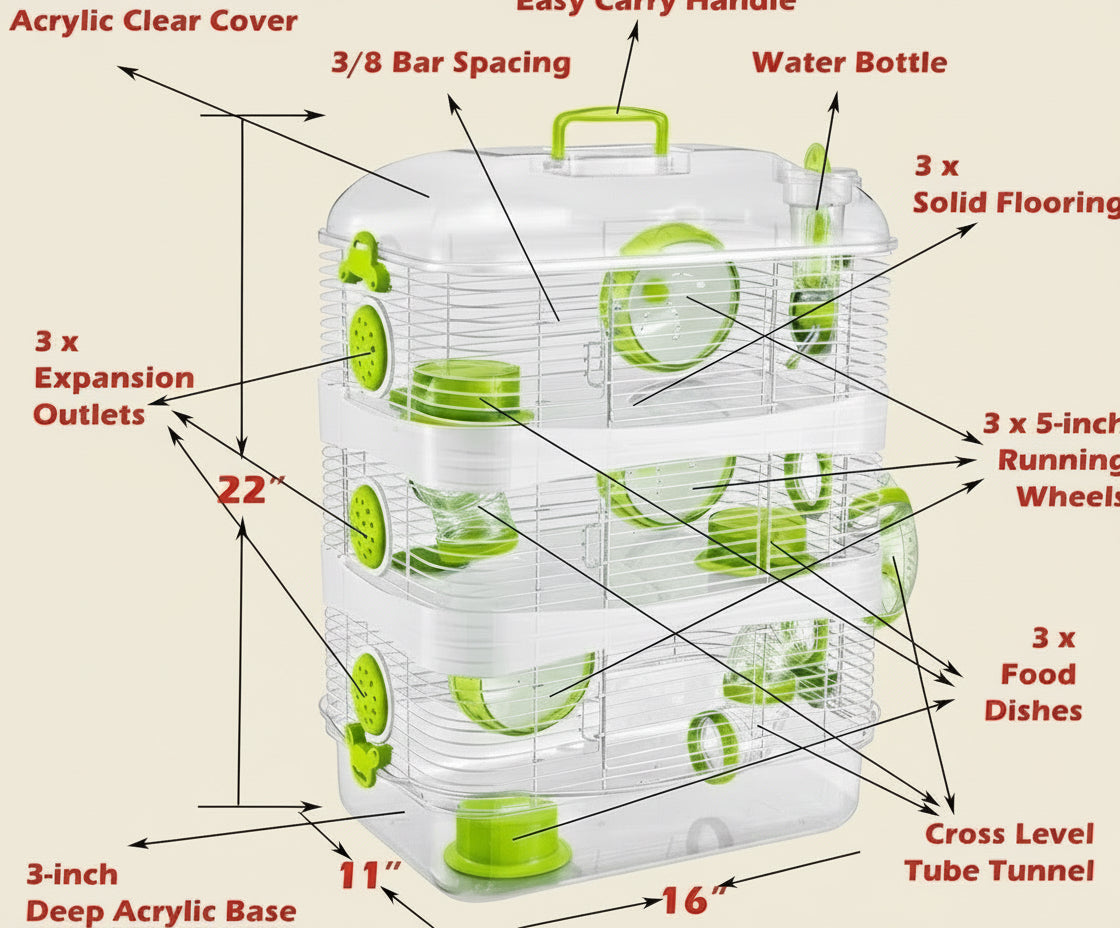 Acrylic Clear Expandable and Customizable 3-Solid Floor Levels Habitat Hamster Rodent Gerbil Mouse Mice Cage Clear Transparent