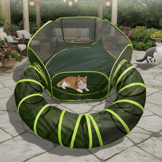 Outdoor Cat Enclosures 2-In-1, Portable Catio W/Cat Tent, Circle Playpen Tunnel