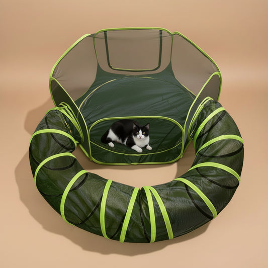 Outdoor Cat Enclosures 2-In-1, Portable Catio W/Cat Tent, Circle Playpen Tunnel