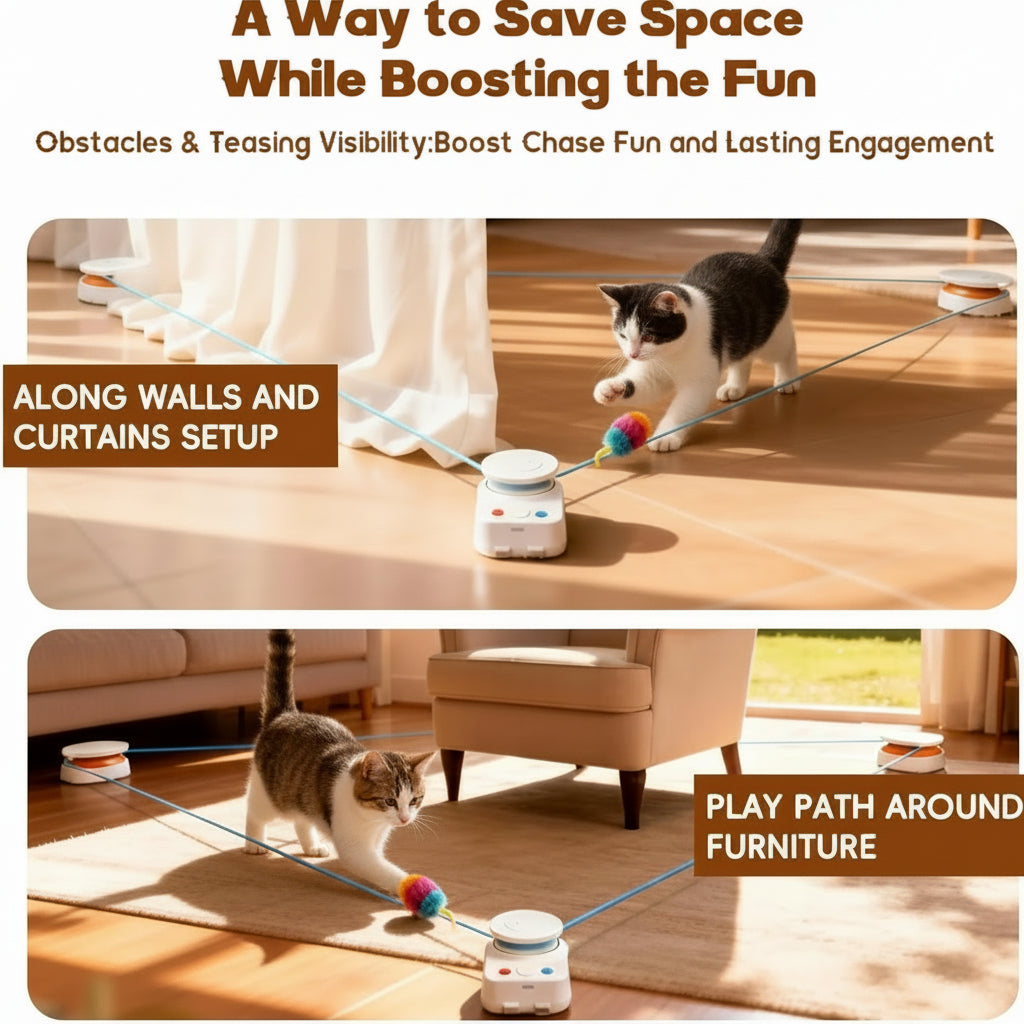 Two cats playing with a toy on a path setup along walls, curtains, and around furniture.