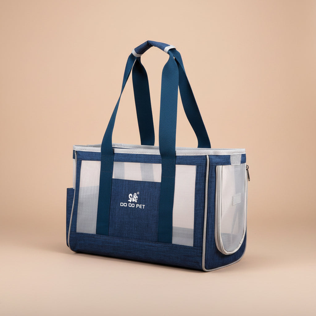Navy blue pet carrier with transparent sides on a beige background