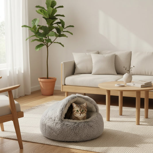 Fluffy pet bed with a cat inside, shown in gray, pink, and white.
