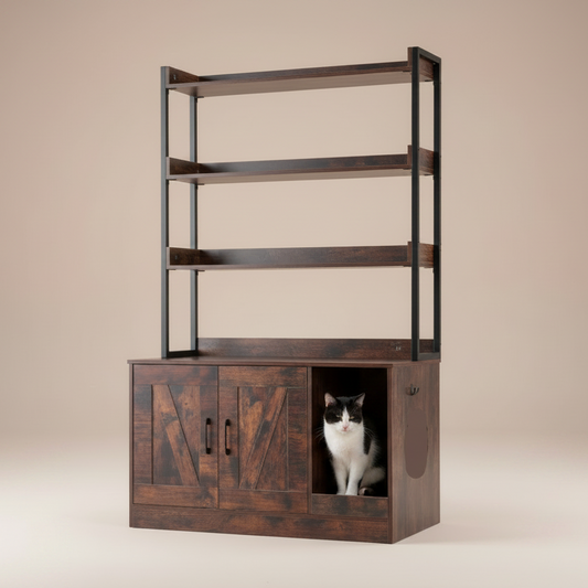 Multilevel shelf unit with cat peeking out of hidden litter box enclosure.