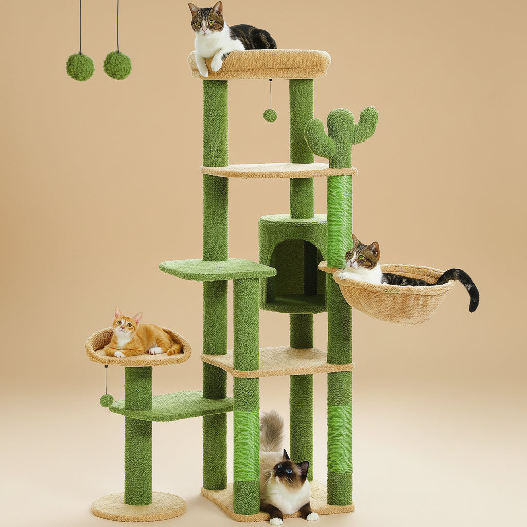 Green cat tree with multiple levels and a basket, featuring four cats on different parts of the structure.