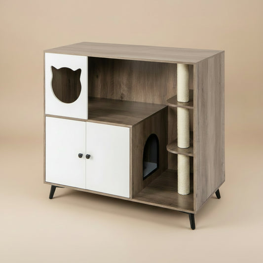 Multifunctional pet furniture with cat-shaped doors and a scratching post on a beige background