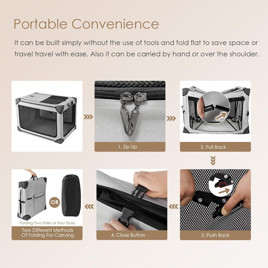 Portable pet carrier with assembly instructions on a beige background