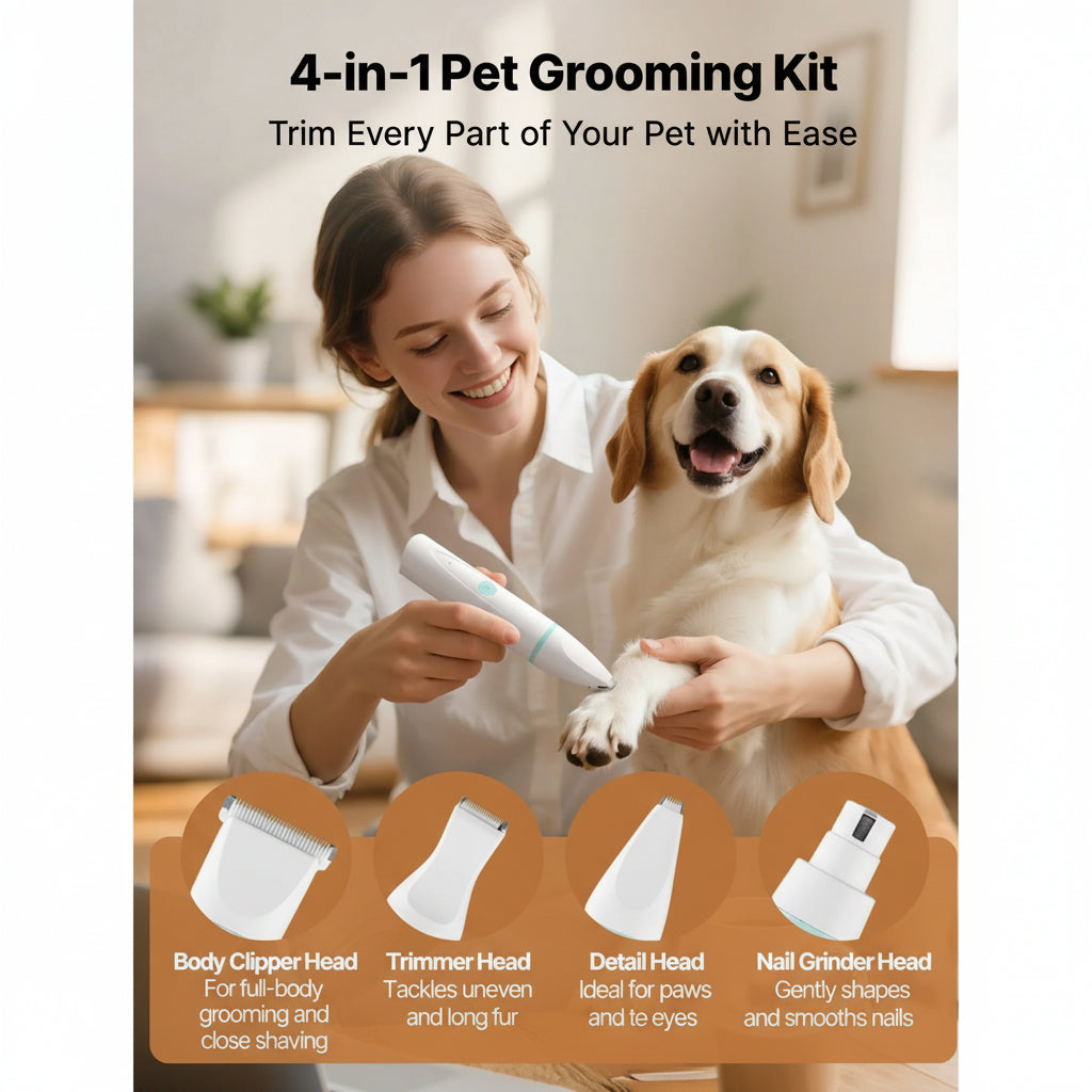 Woman using a 4-in-1 pet grooming kit with a dog in a home setting.