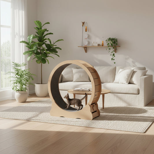 Cat playing with a wooden exercise wheel on a beige living room setting.