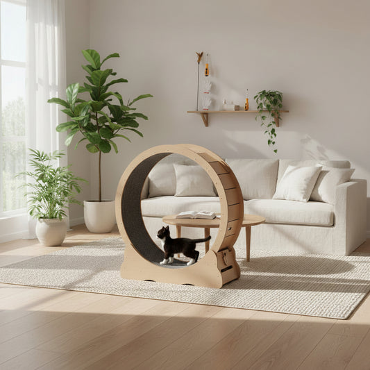 Cat playing with a wooden exercise wheel on a beige living room setting.
