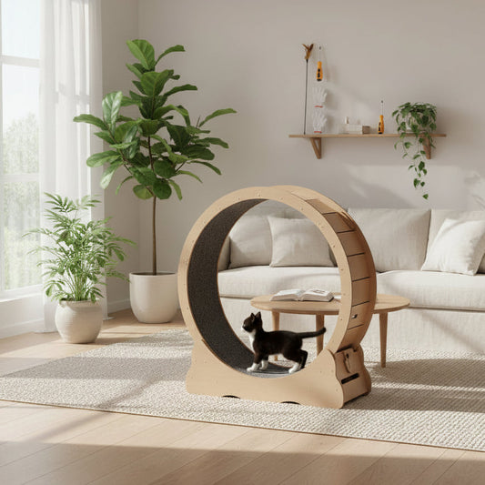 Cat playing with a wooden exercise wheel on a beige living room setting.
