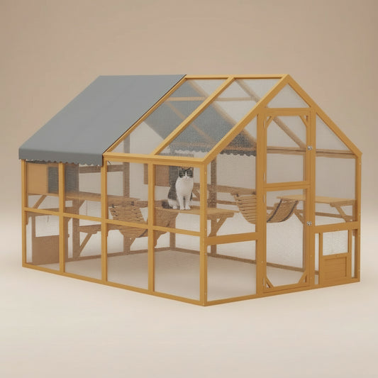 Large Catio Outdoor Cat Enclosure for Multiple Kittens, Wooden Cat House with Waterproof Cover, Walk in Kitty Cage Kennel With