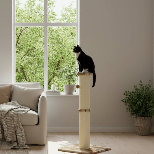 Cat sitting on a cat tree in a living room with a grey sofa and window in the background