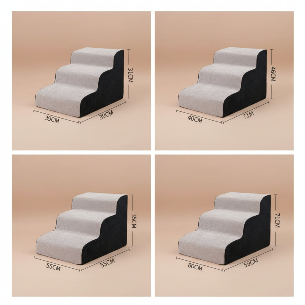 Two pet stair products shown on a white background with dimension labels and measurements. The top-left stair is 31cm tall with steps measuring 39cm by 39cm.
