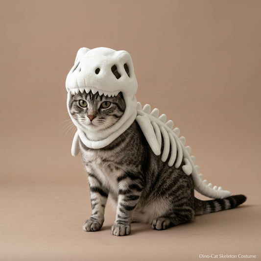 A gray tabby cat wearing a plush white dinosaur skeleton costume with a skull-shaped hood and back spikes, photographed against a plain beige background.