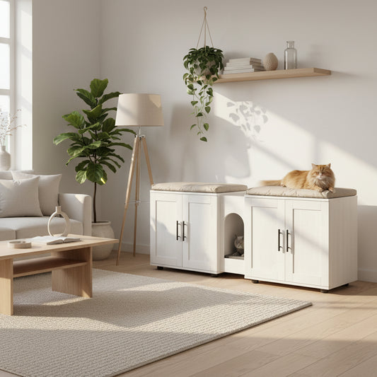White litter box enclosure cabinet with for cats in a home setting.