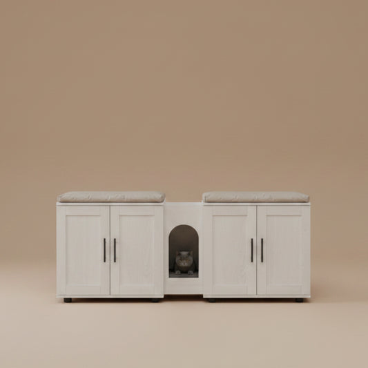 Image of white double enclosure pet cabinet on a beige background.