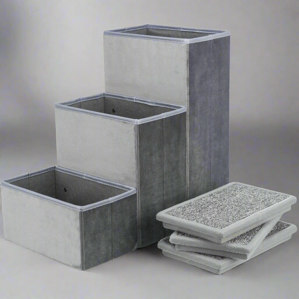 3-Step Foldable Velour Pet Stairs with Storage, Gray