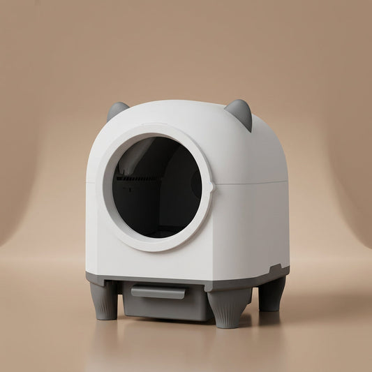 Smart cat litter box with Tuya app on smartphone on a beige background
