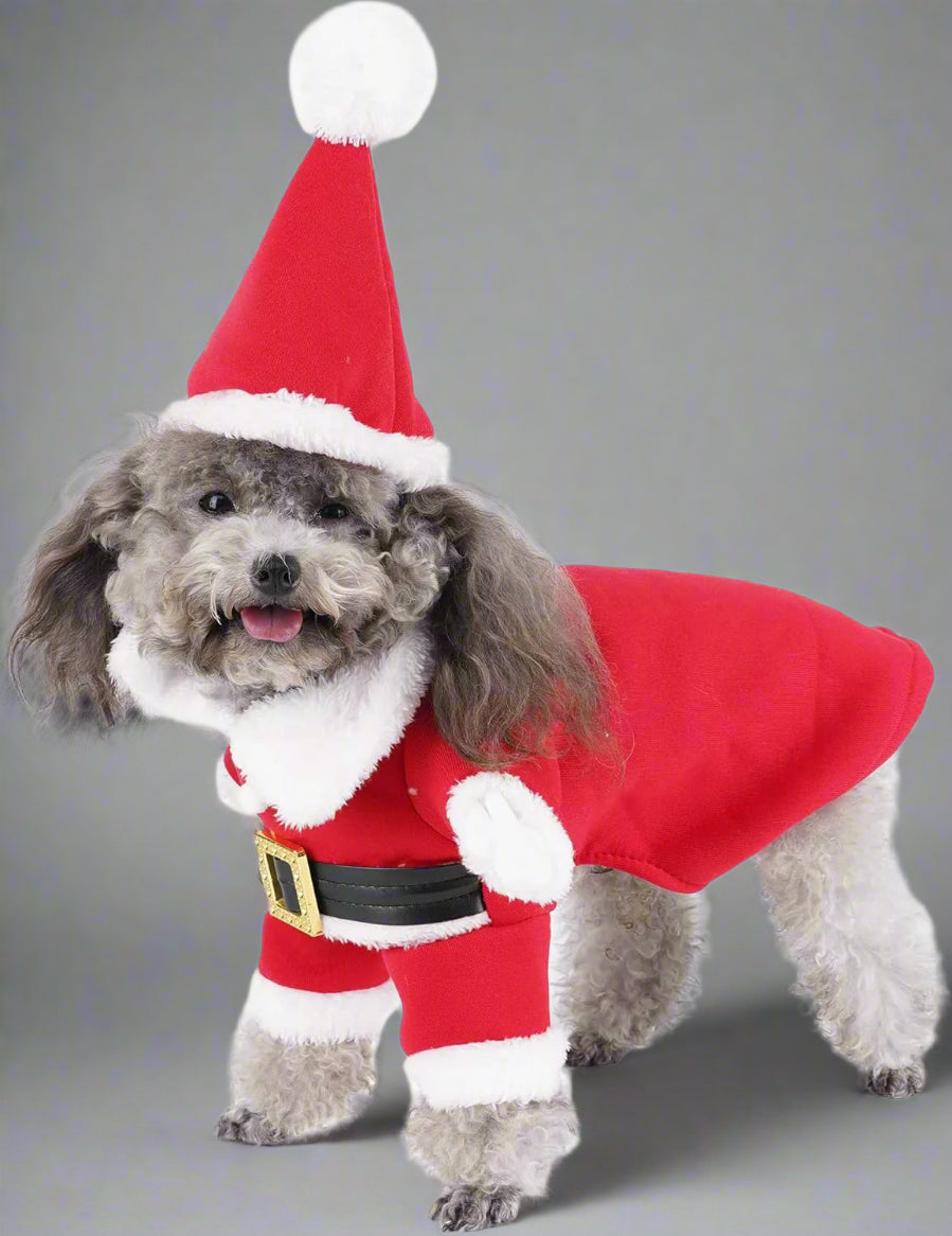 Dog Cat Christmas Santa Claus Costume, Funny Pet Cosplay Outfits with a Cap, Puppy Fleece Warm Apparel Clothes for Xmas (XL Size)