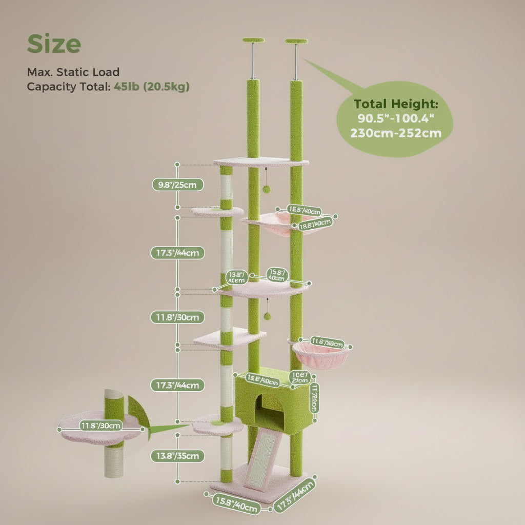 Green and white cat tree with dimensions and capacity details on a beige background