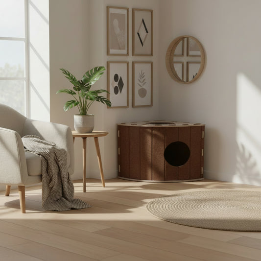 Hexagonal pet playpen with rounded corners in a living room corner