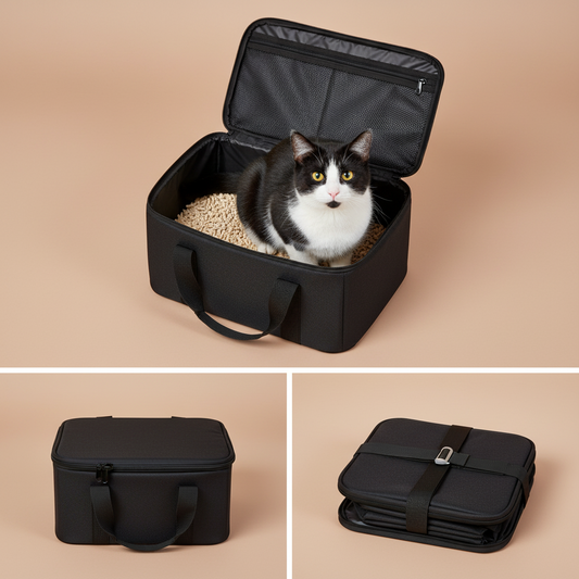 Black pet travel litter box with a cat on a beige background