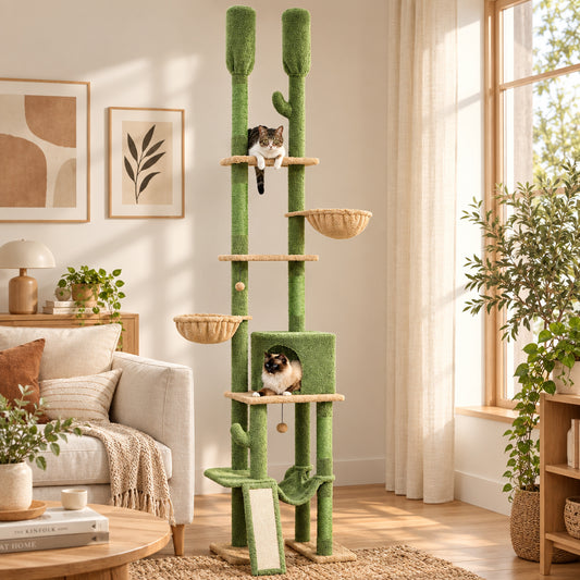 Green and brown cat tree with two cats in a room with a couch and window.