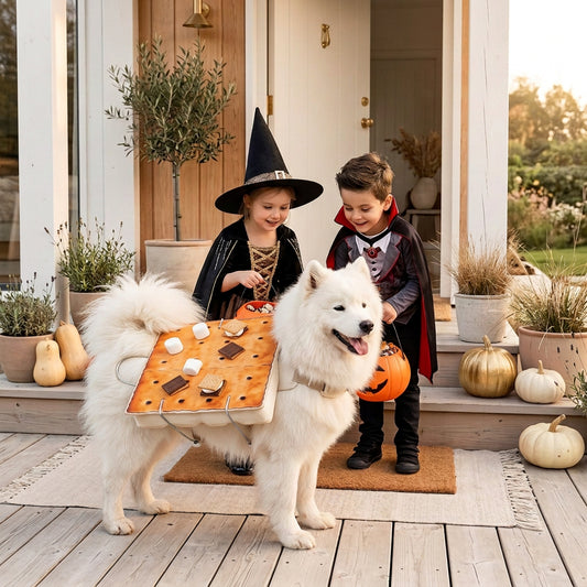 A Halloween scene showing a white fluffy dog wearing a s'mores costume, with 2 children in costumes holding a pumpkin buckets nearby, and the overall image has spiderwebs, pumpkins, and autumn decorations.