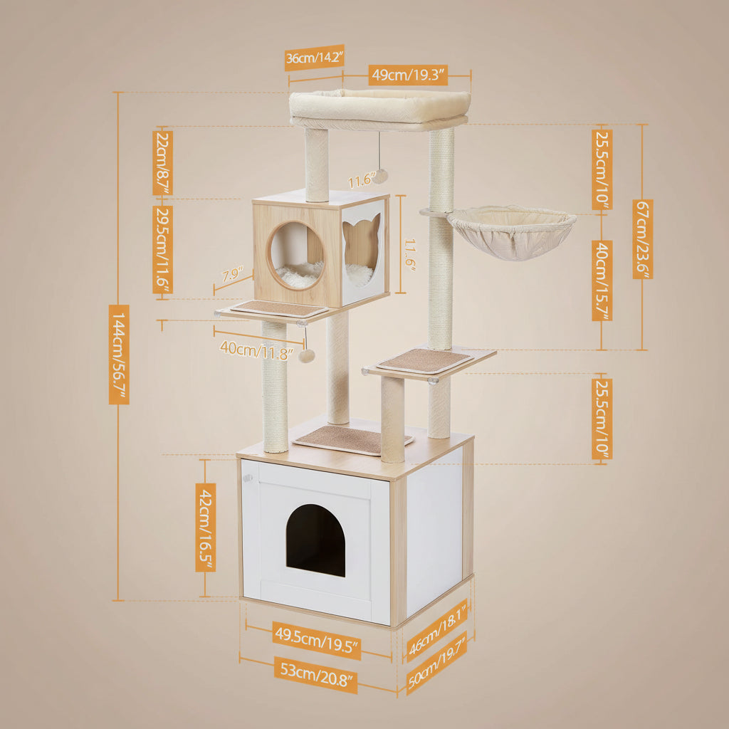 Dimensions of a multi-level cat tree with various platforms and a hideout.